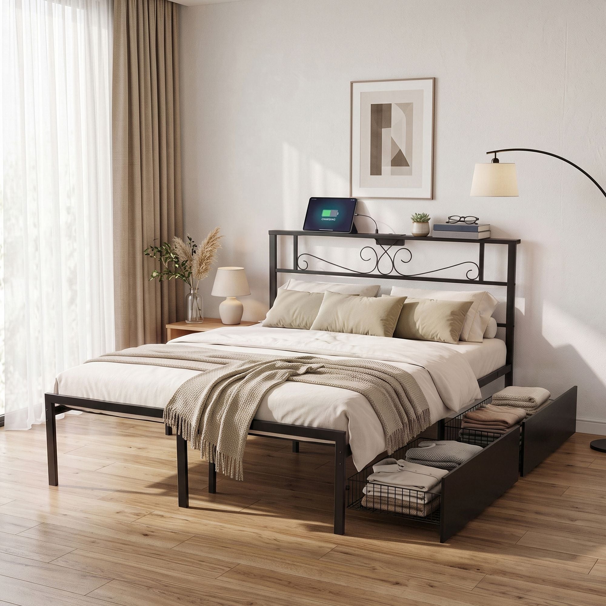 Artiss Double Bed Frame with Charging Station & Storage Drawers Metal