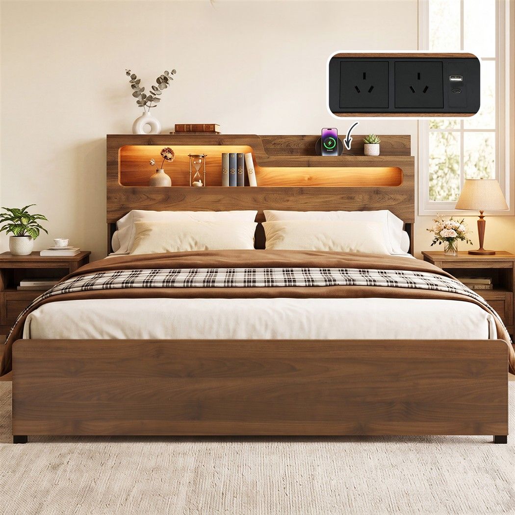 Rock King Bed Frame Metal with Charging Station and LED Light