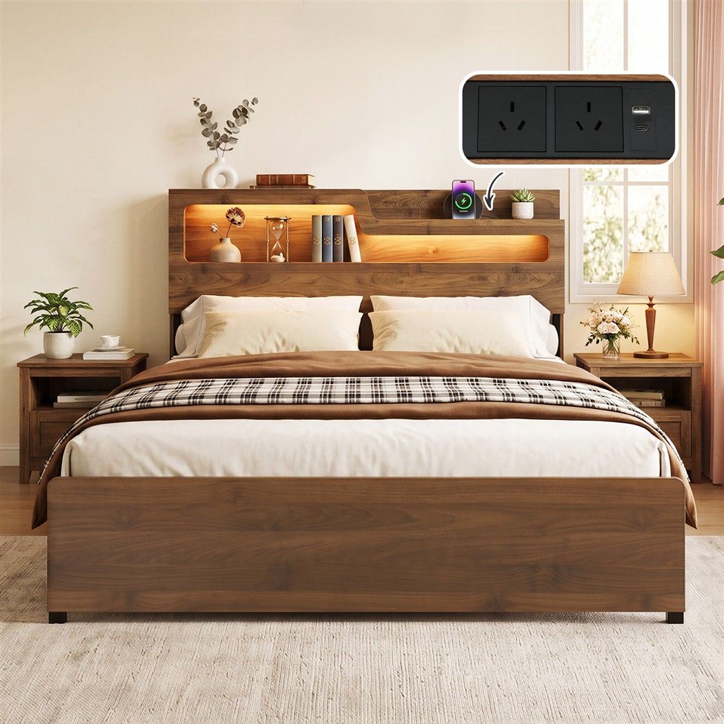 Rock Queen Metal Bed Frame with Charging Station and LED Light