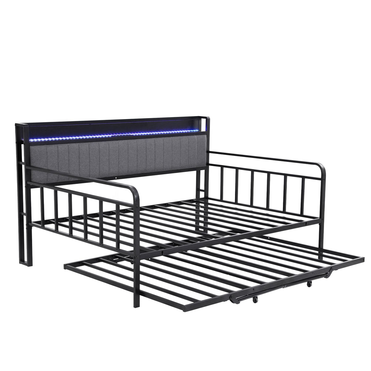 Turn Double Trundle Bed Frame with LED Lights and Charging Station