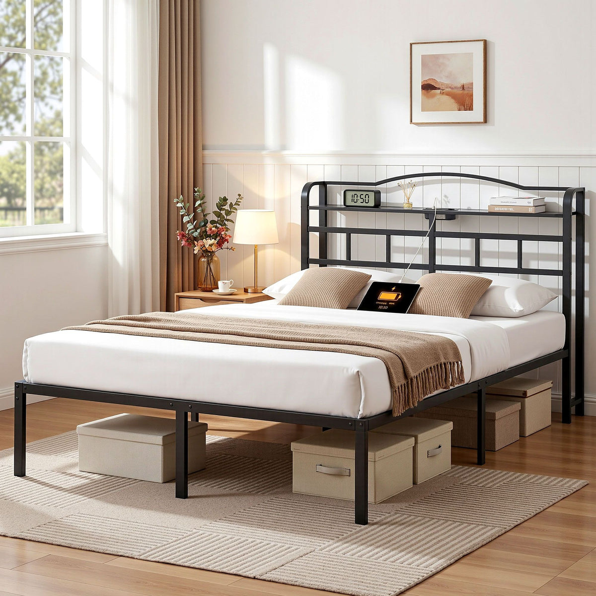 Wave Double Metal Bed Frame with Charging Station