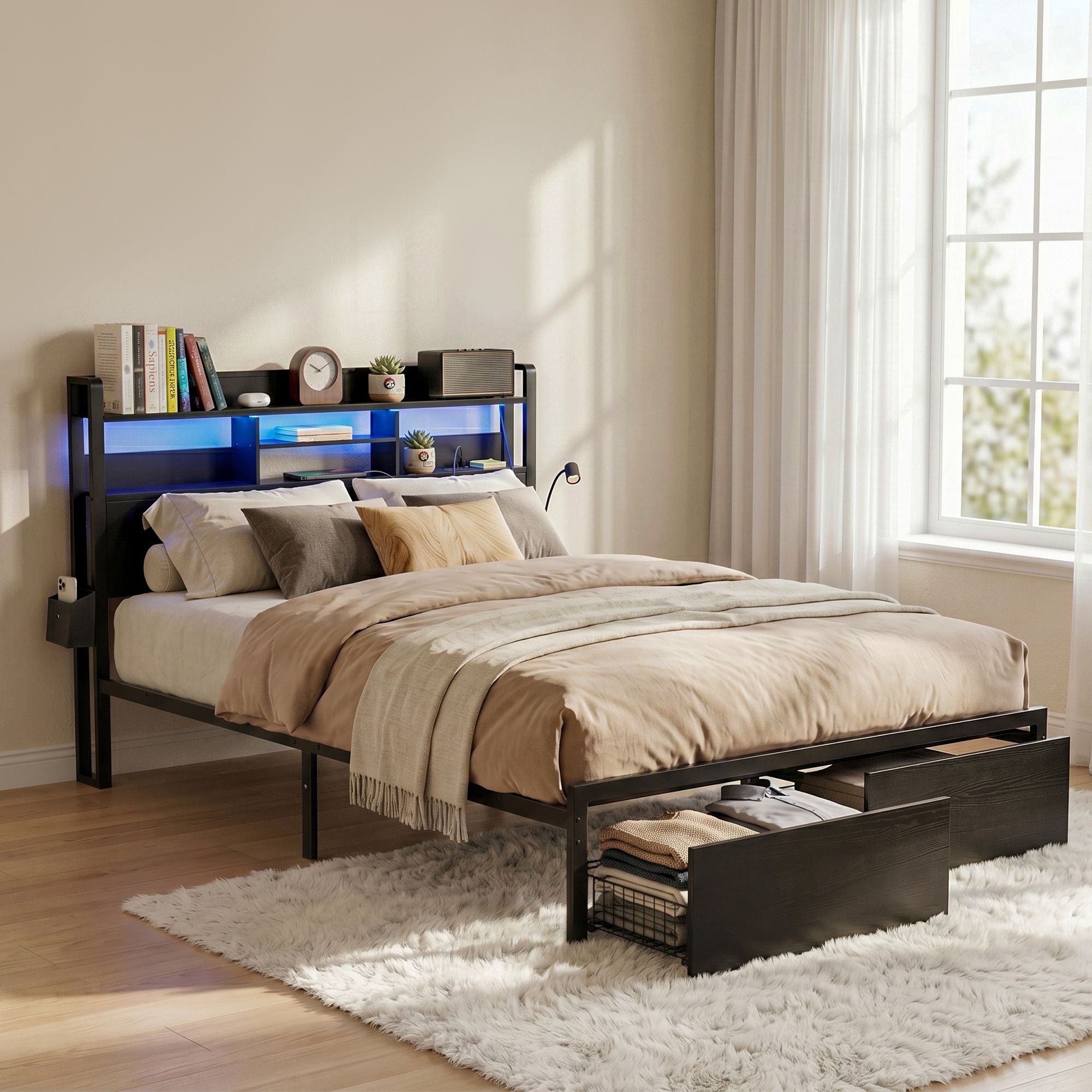 Zac Double Bed Frame with Charging Station and LED Lights