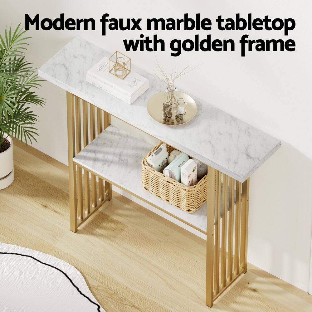 Marble Effect Console Table White & Gold Two-Tier