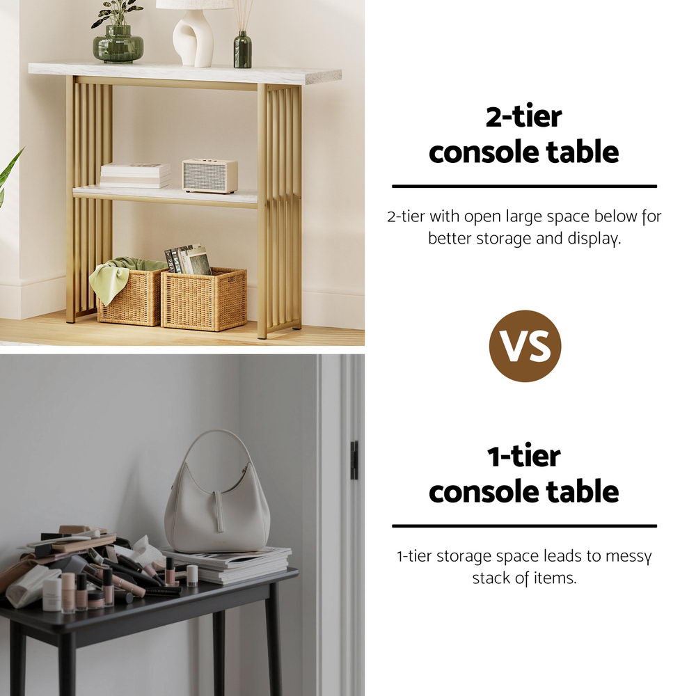 Marble Effect Console Table White & Gold Two-Tier