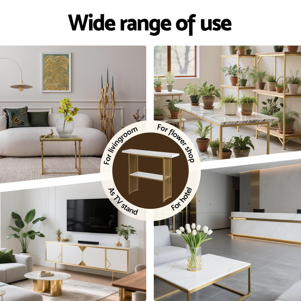 Marble Effect Console Table White & Gold Two-Tier