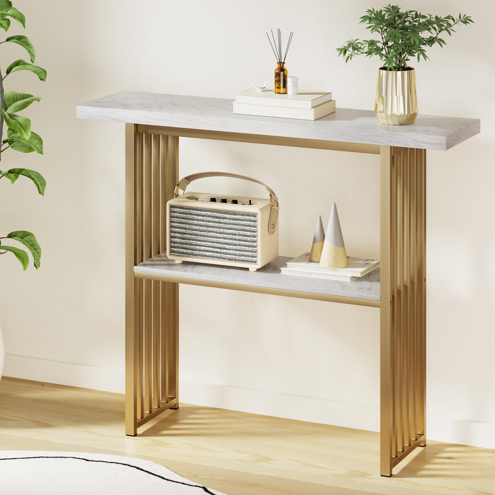 Marble Effect Console Table White & Gold Two-Tier
