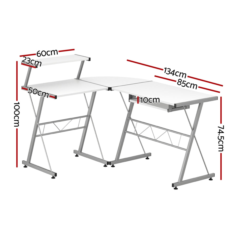 Elle L-Shape Computer Desk Keyboard Tray Shelf White