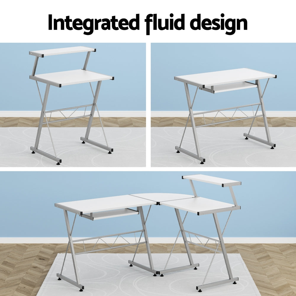 Elle L-Shape Computer Desk Keyboard Tray Shelf White