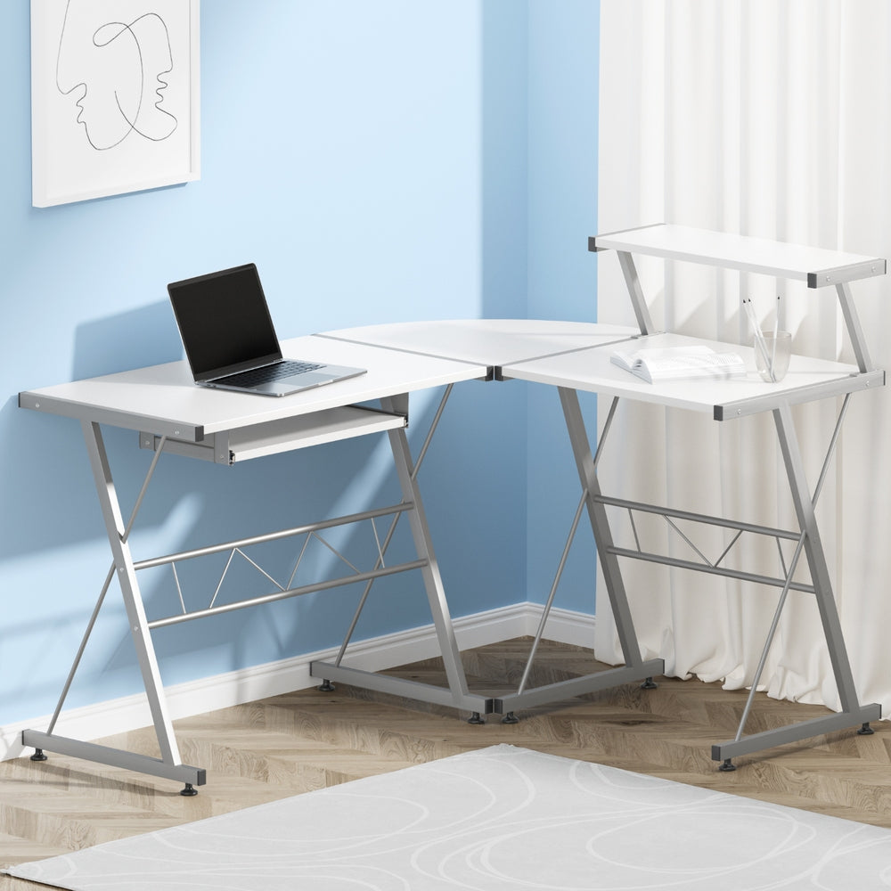 Elle L-Shape Computer Desk with Keyboard Tray and Shelf White