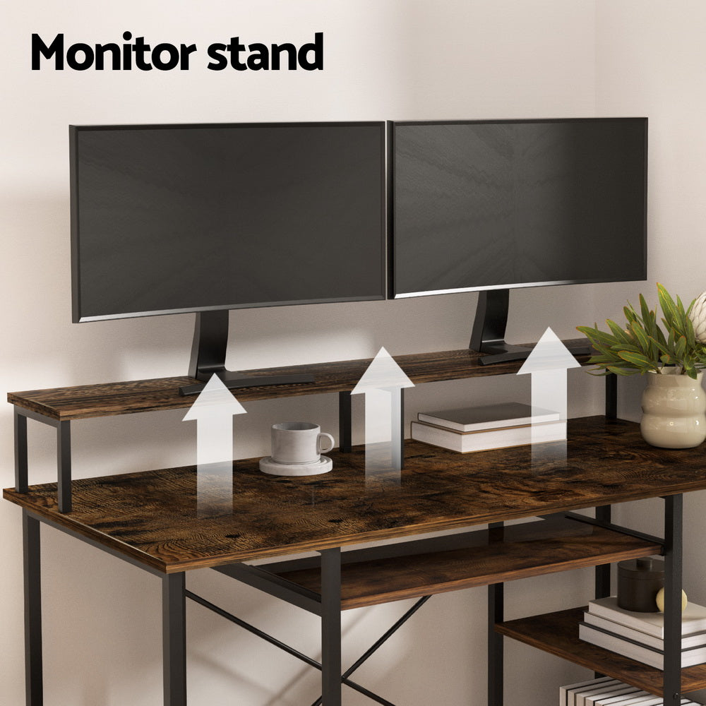 Artiss 120cm Home Office Desk Brown with Shelves and Keyboard Tray