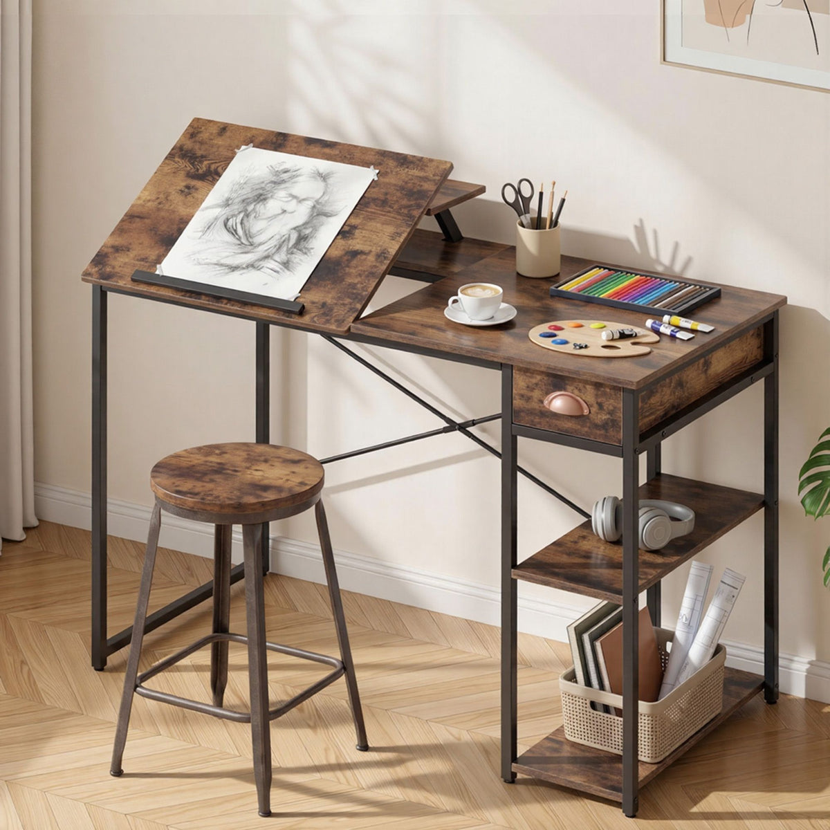 Artiss Drafting Computer Desk Tiltable Top 108cm Rustic Brown