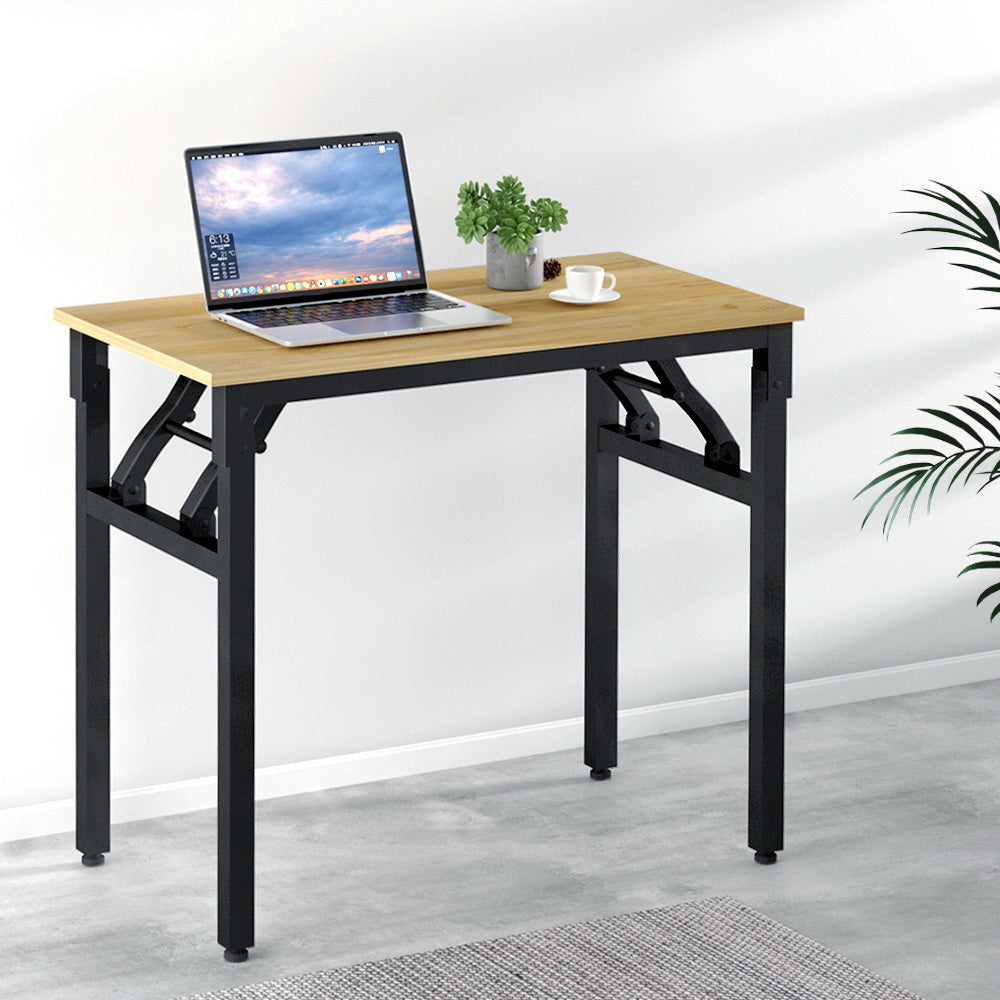 Hendon Oak Computer Desk Foldable Laptop Table with Bookshelf