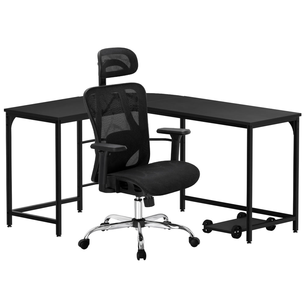 Artiss L-Shape Corner Desk with Ergonomic Office Chair Combo Black