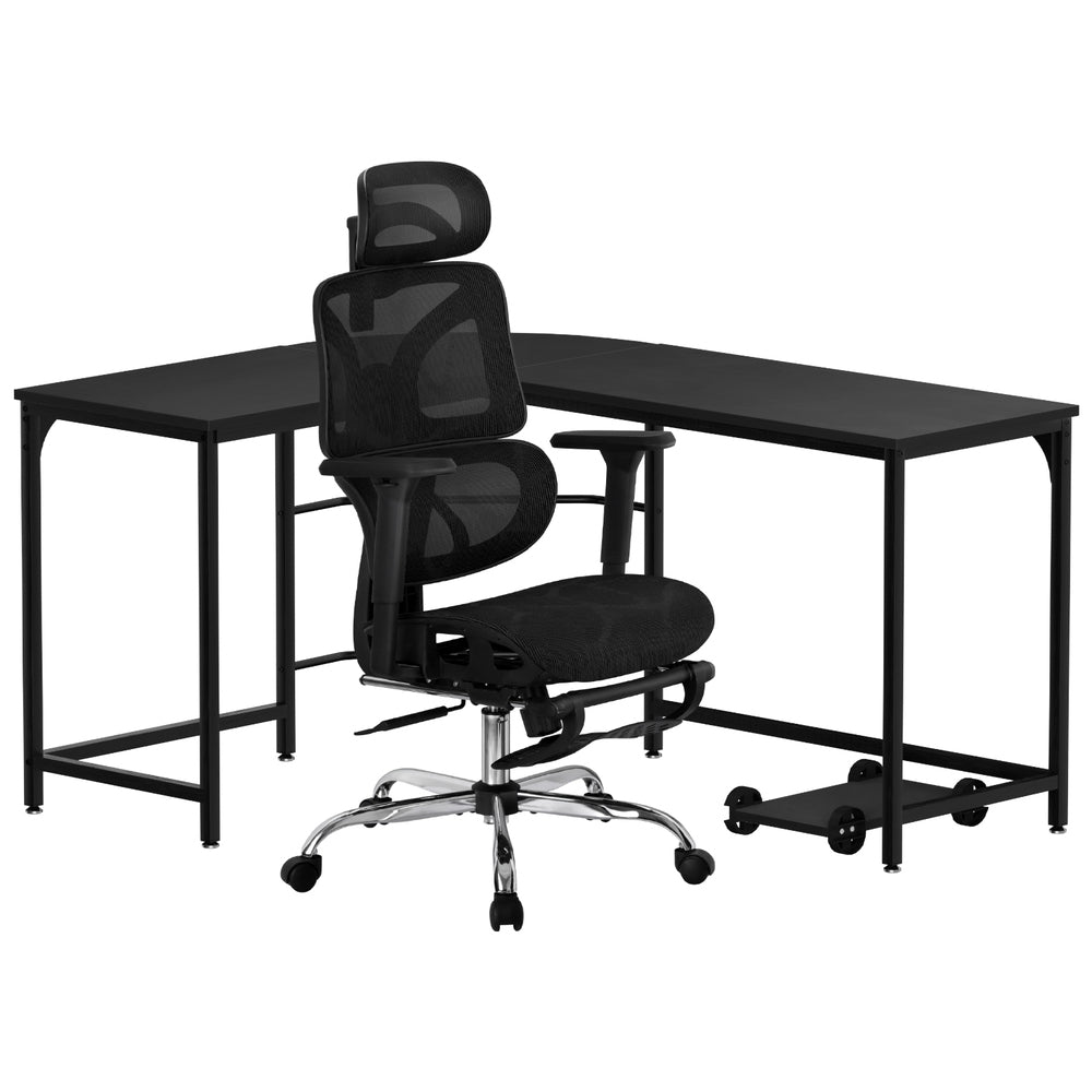 Artiss L-Shape Computer Desk with Ergonomic Mesh Office Chair Black