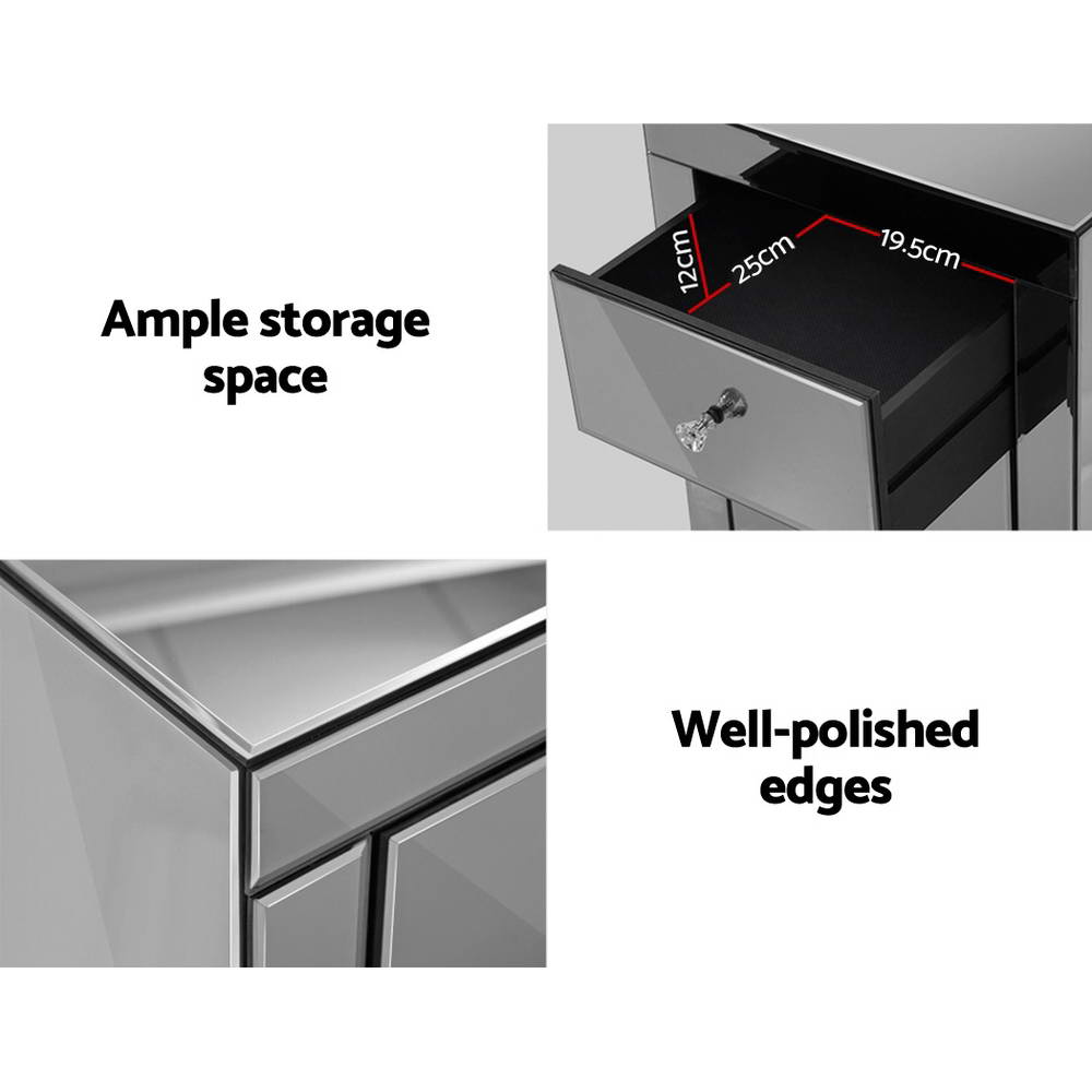 Quenn 3-Drawer Bedside Table Mirrored Glass Smoky Grey