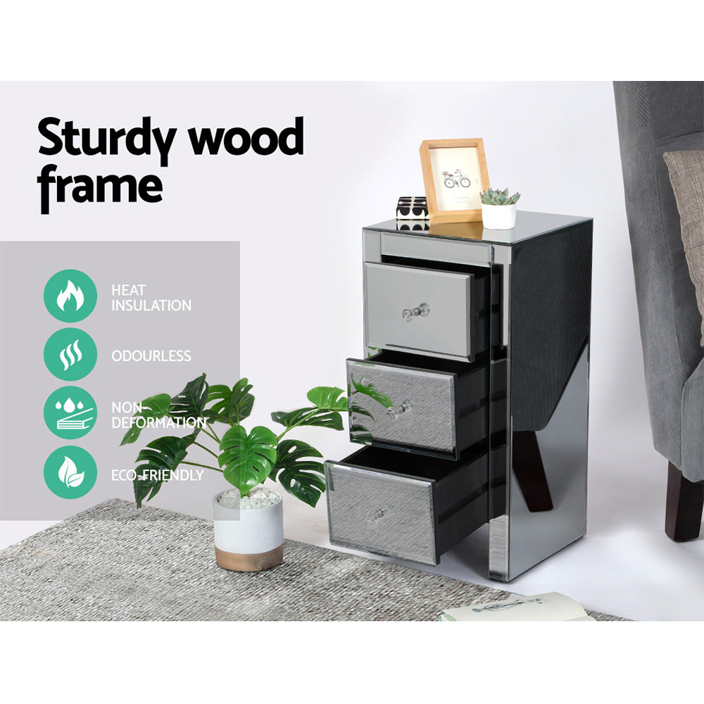 Quenn 3-Drawer Bedside Table Mirrored Glass Smoky Grey