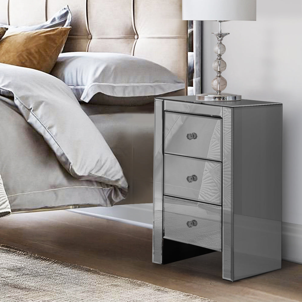 Quenn 3-Drawer Bedside Table Mirrored Glass Smoky Grey