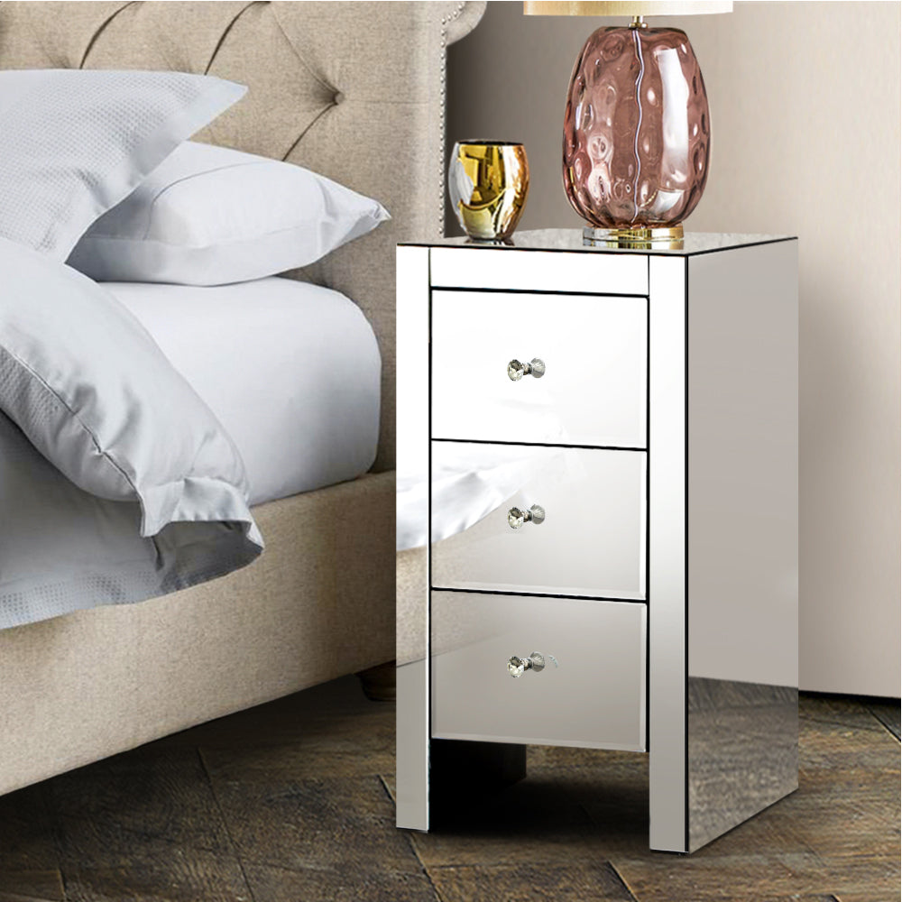 Quenn Bedside Table 3 Drawers Mirrored Silver