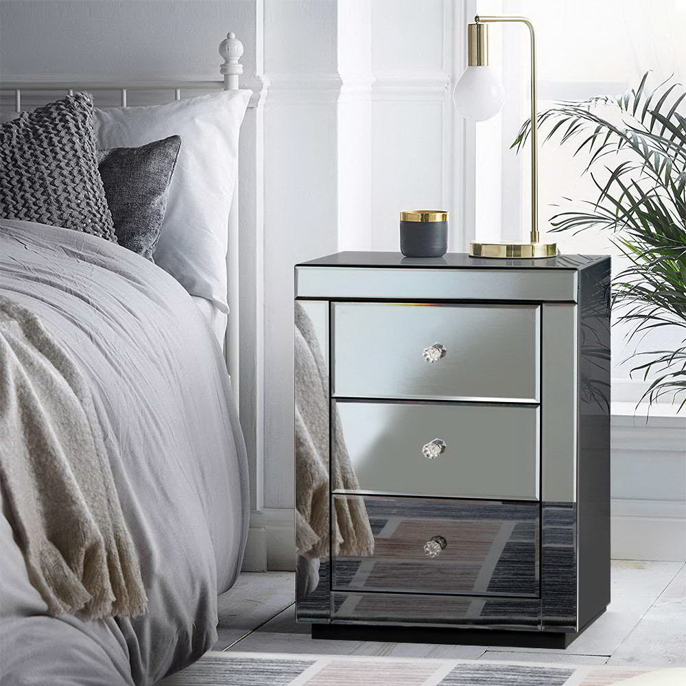 Presia 3-Drawer Bedside Table Mirrored Smoky Grey