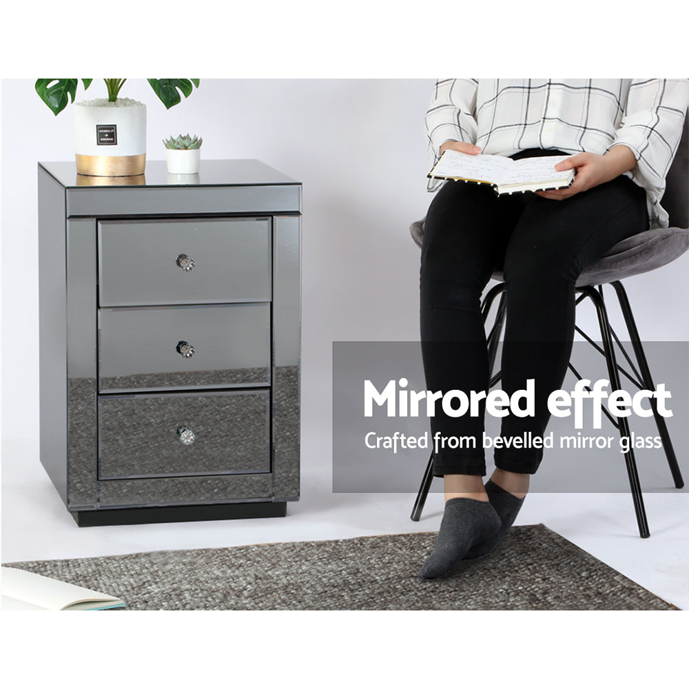 Presia 3-Drawer Bedside Table Mirrored Smoky Grey