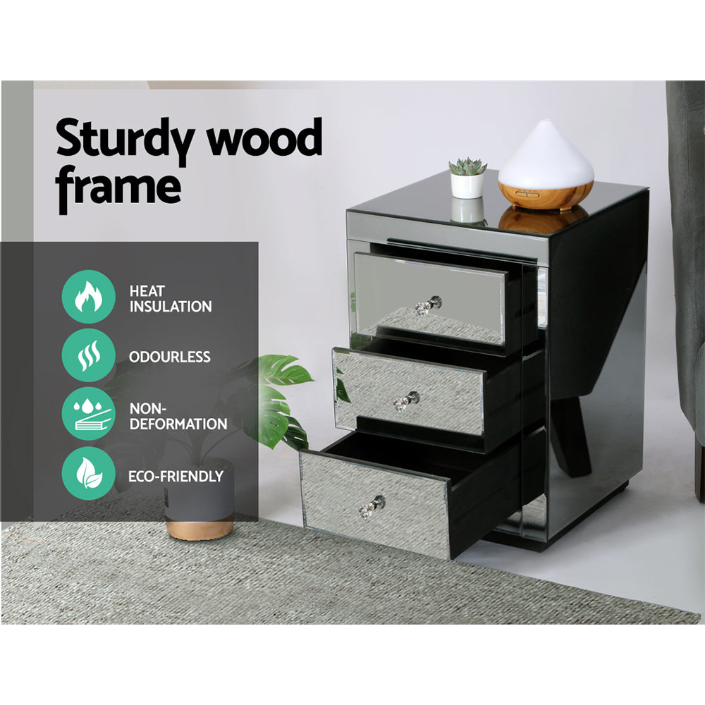 Presia 3-Drawer Bedside Table Mirrored Smoky Grey