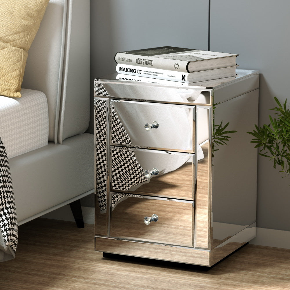 Presia Set of 2 Bedside Table 3 Drawers Mirrored Glass Silver