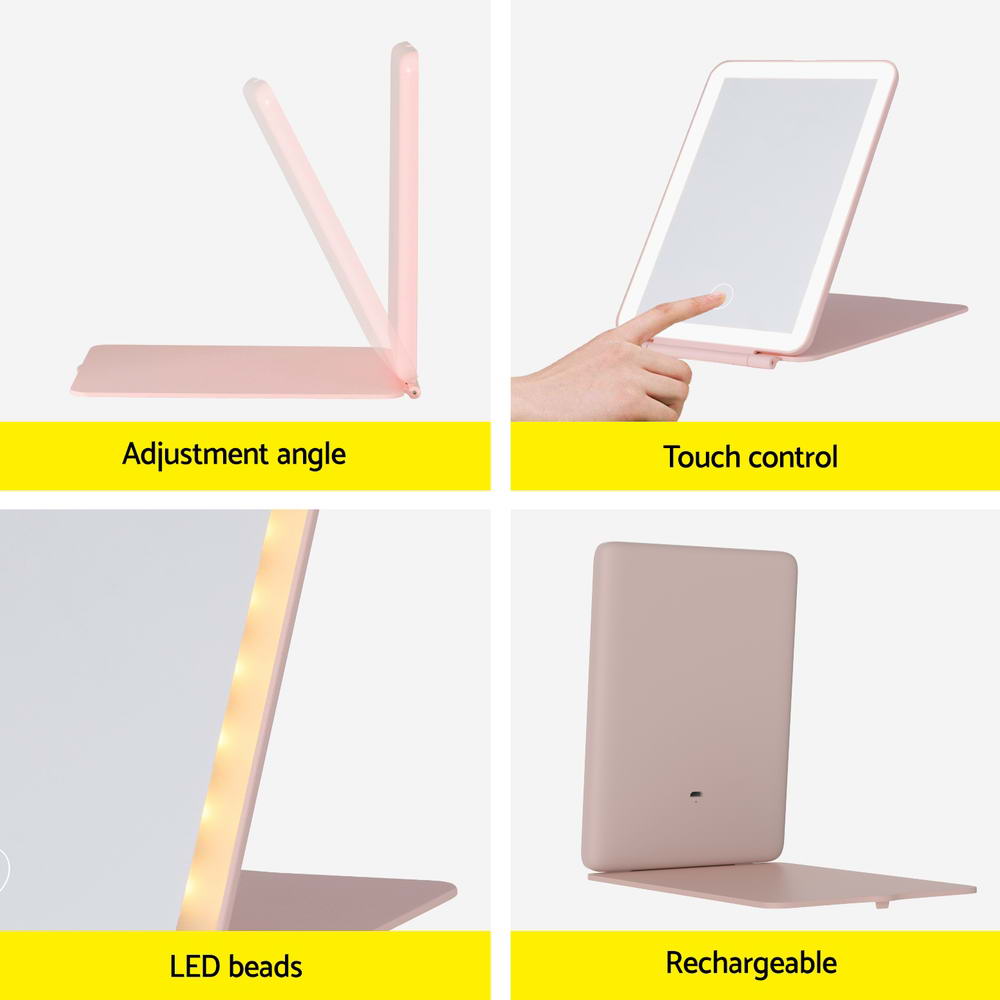 Embellir Portable Makeup Mirror LED Light Foldable Travel Pink
