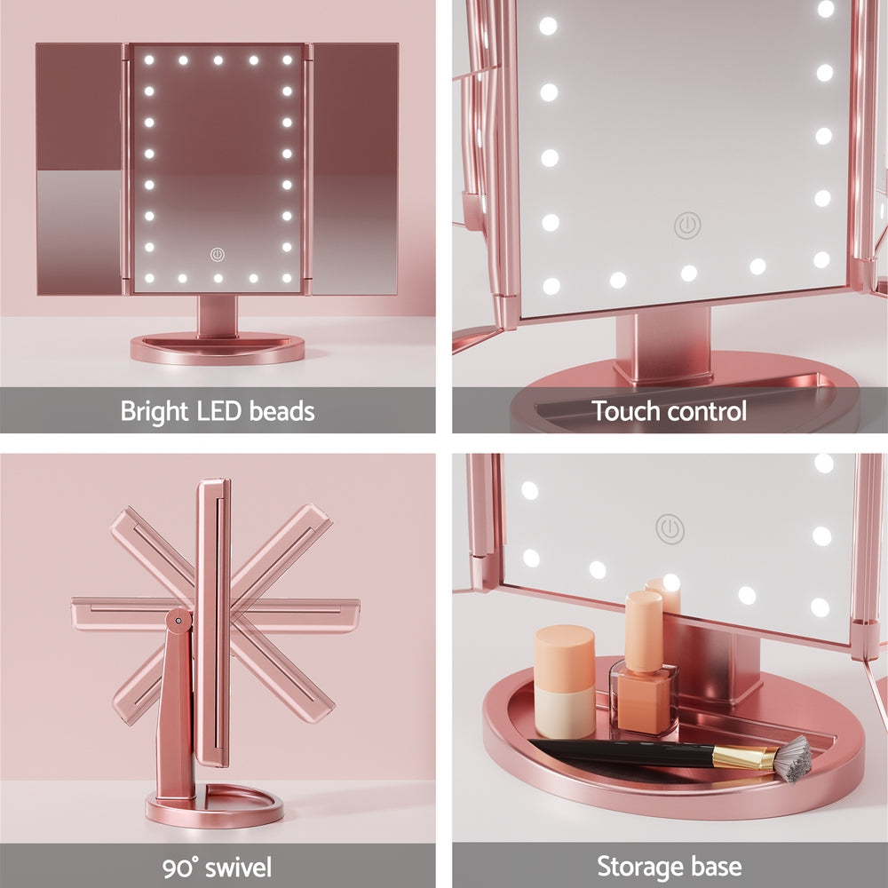 Embellir Tri-fold Makeup Mirror LED Light Travel Portable Pink
