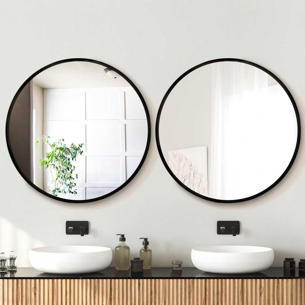 Embellir 90cm Round Wall Mirror Black Framed Set of 2
