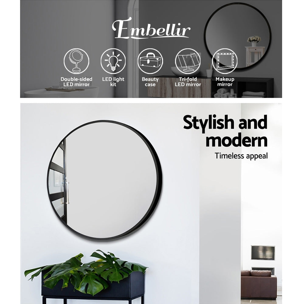 Embellir 70cm Round Wall Mirror Black Framed Bathroom Decor