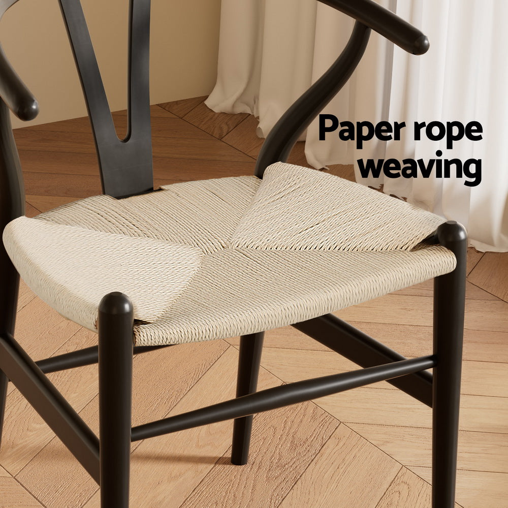 Wishbone Dining Chairs Set of 2 Black Rattan Wood