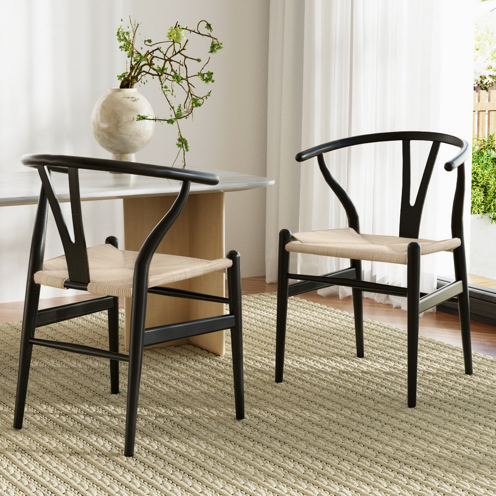 Wishbone Dining Chairs Set of 2 Black Rattan Wood