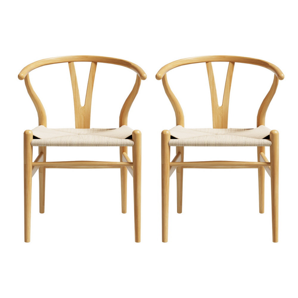Wishbone Dining Chairs Set of 2 Wooden Rattan Seat Natural