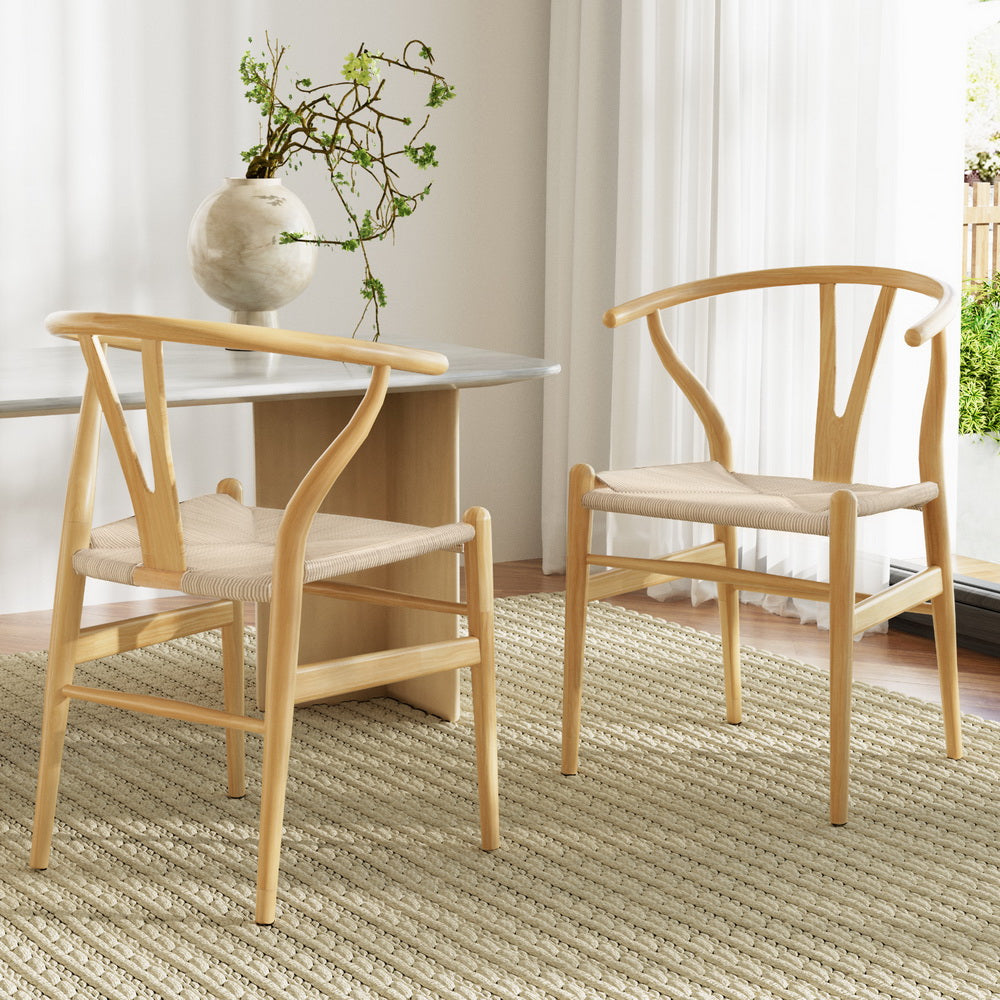 Wishbone Dining Chairs Set of 2 Wooden Rattan Seat Natural