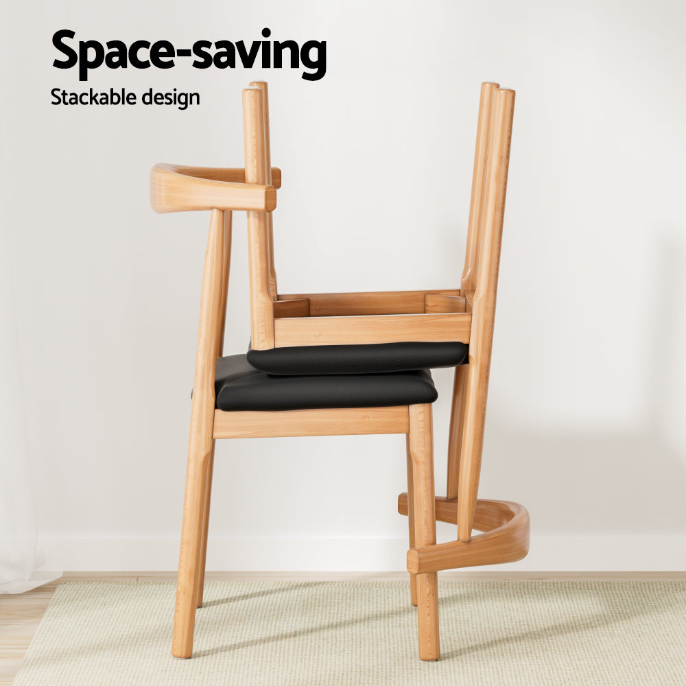 Bert Dining Chairs Rubberwood Leather Seat Black Set of 2