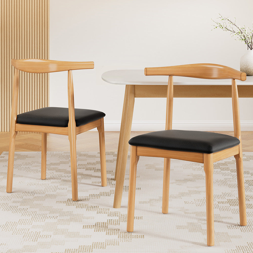Bert Dining Chairs Rubberwood Leather Seat Black Set of 2