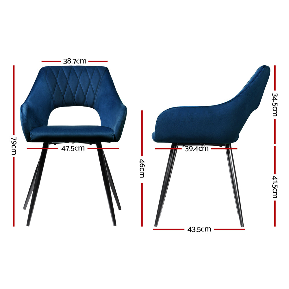 Caitlee Dining Chairs Set of 2 Velvet Armchair Blue