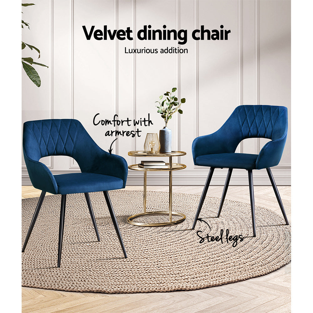 Caitlee Dining Chairs Set of 2 Velvet Armchair Blue
