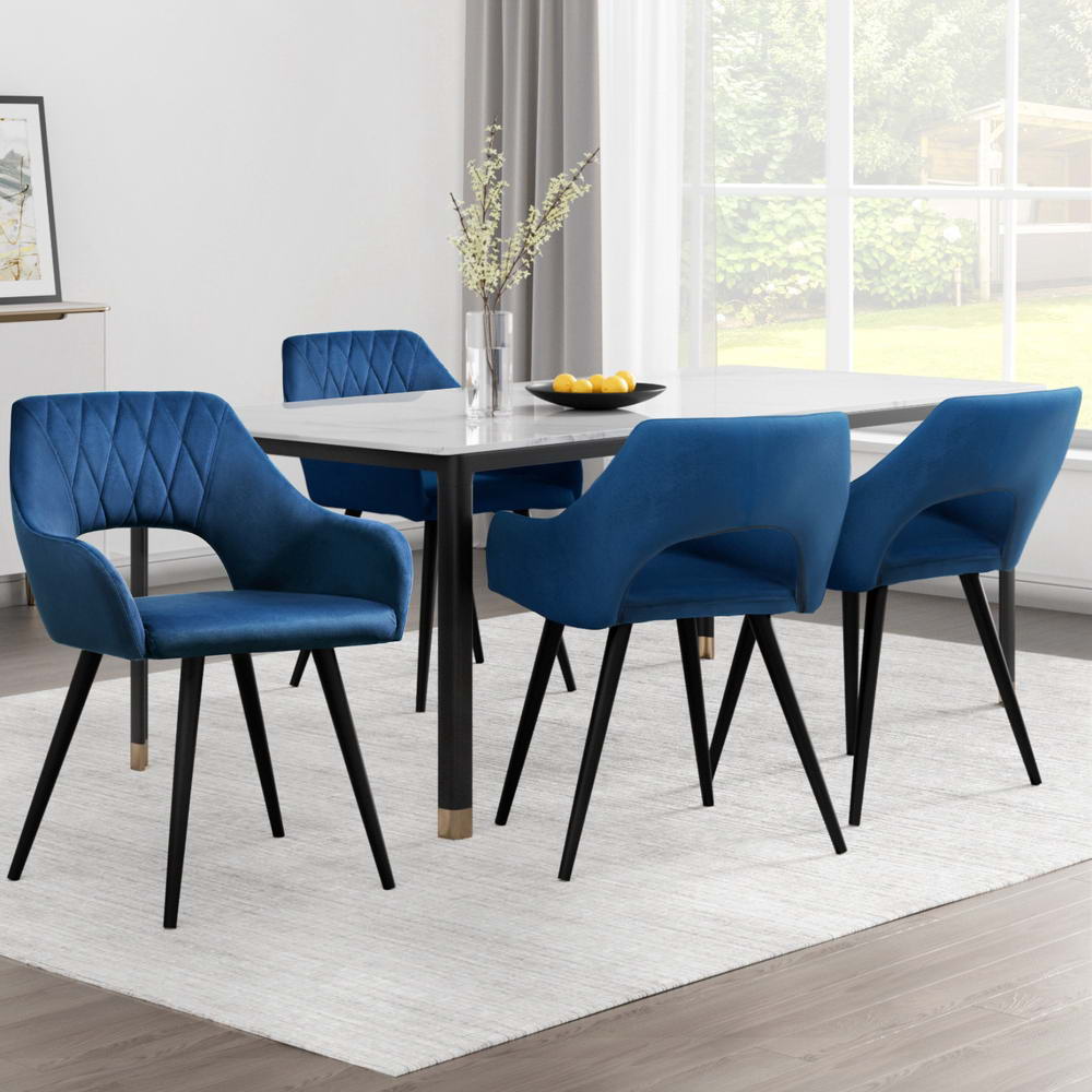 Caitlee Dining Chairs Set of 4 Velvet Armchair Blue