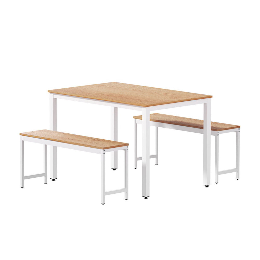 Artiss 3-Piece Dining Table and Bench Set Metal Natural/White