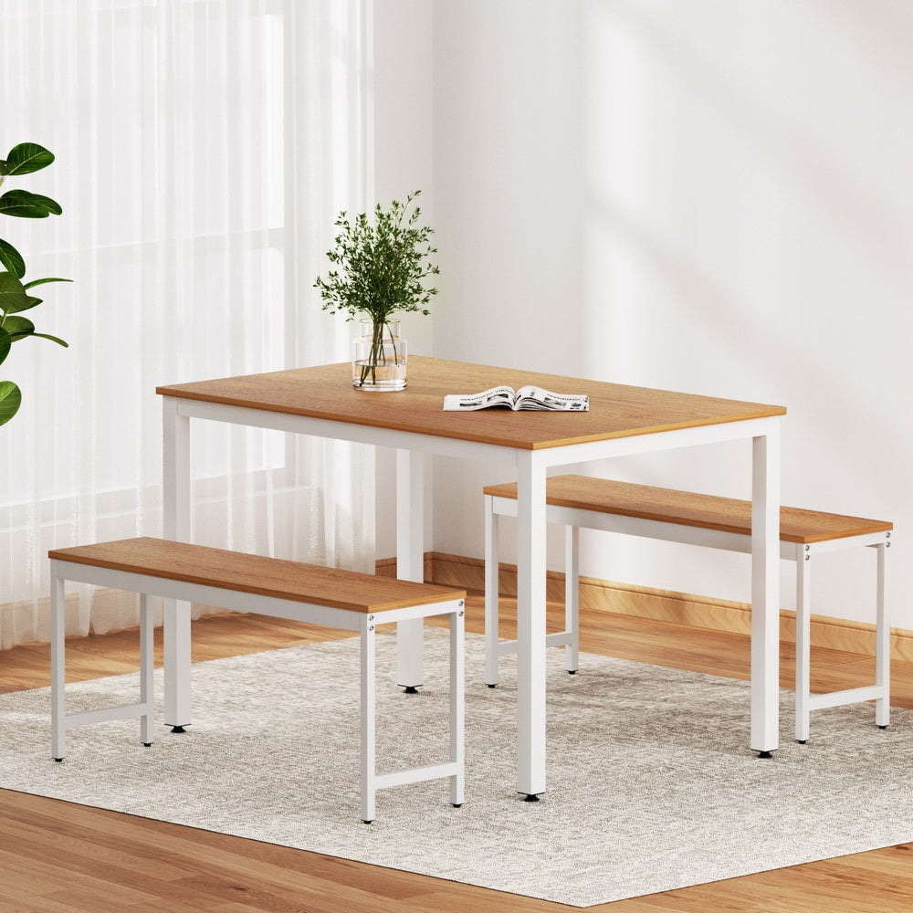 Artiss 3-Piece Dining Table and Bench Set Metal Natural/White