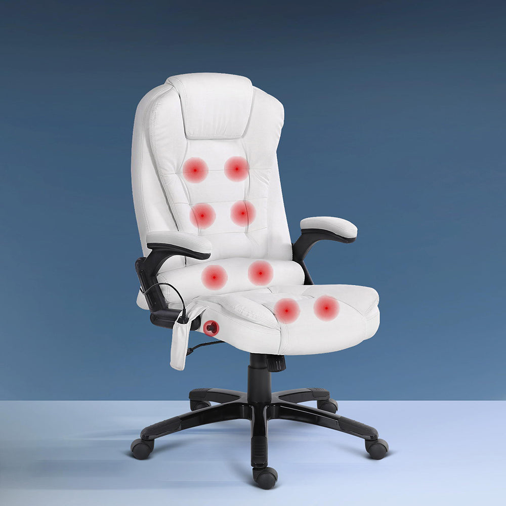 Artiss 8-Point Massage Office Chair Recliner Heated PU White