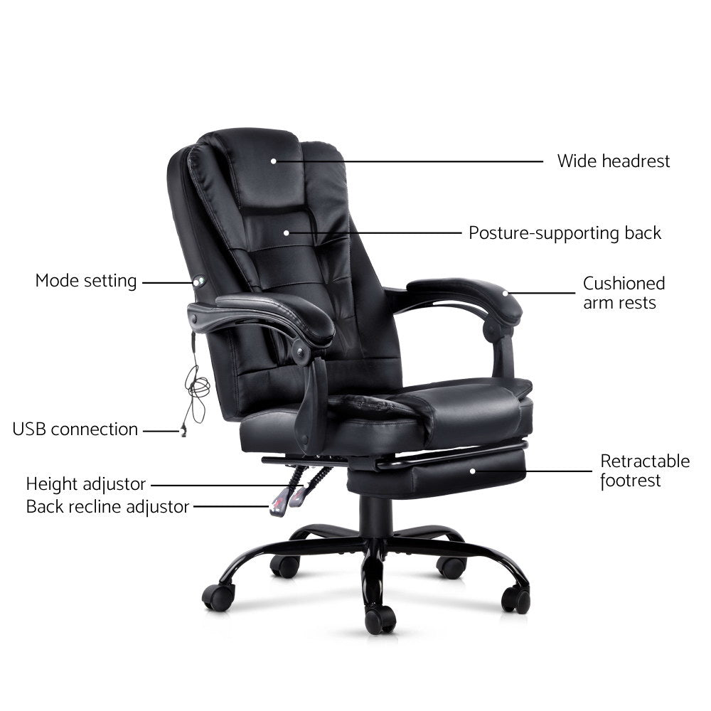 Artiss Massage Office Chair PU Leather Recliner Footrest Black