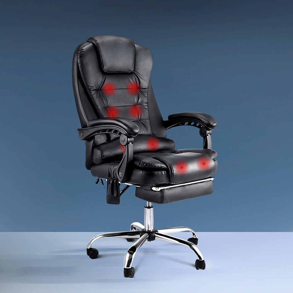 8-Point Massage Office Chair PU Leather Footrest Black