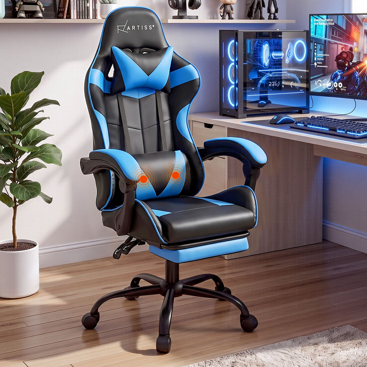 Artiss Massage Gaming Office Chair Footrest Cyan Blue
