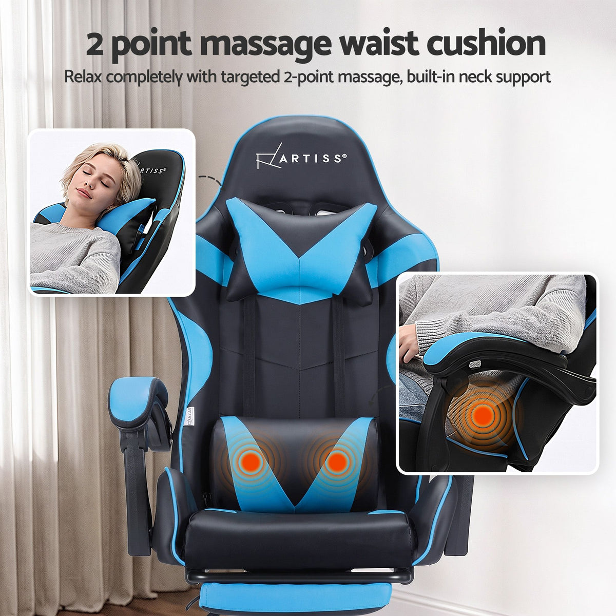 Artiss Massage Gaming Office Chair Footrest Cyan Blue