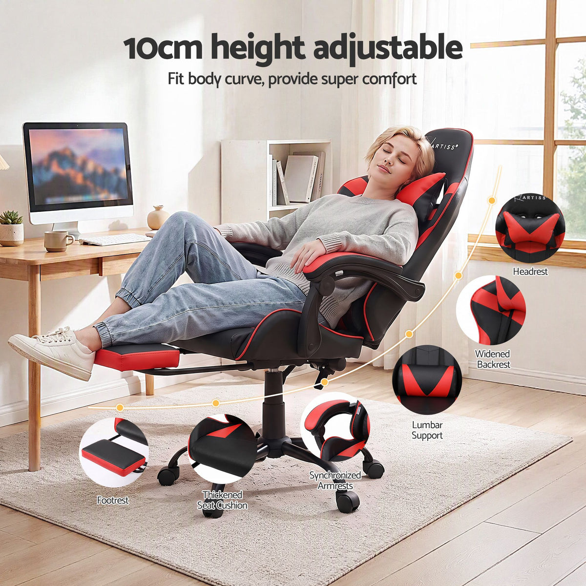 Artiss Red Massage Gaming Office Chair Footrest