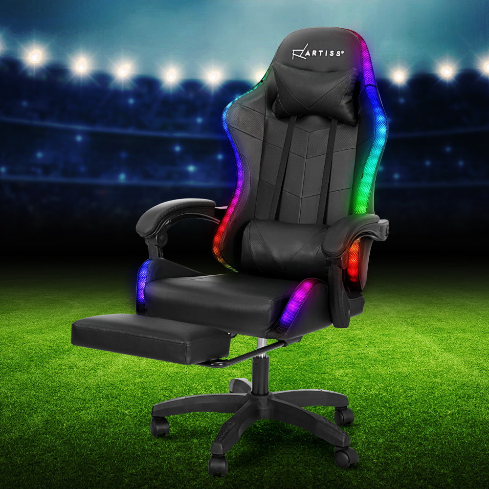 Artiss Black Gaming Office Chair Massage 7 LED Footrest