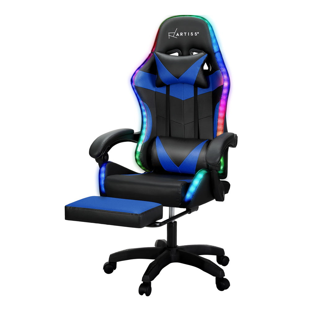 Artiss Gaming Office Chair 6-Point Massage LED Footrest Blue