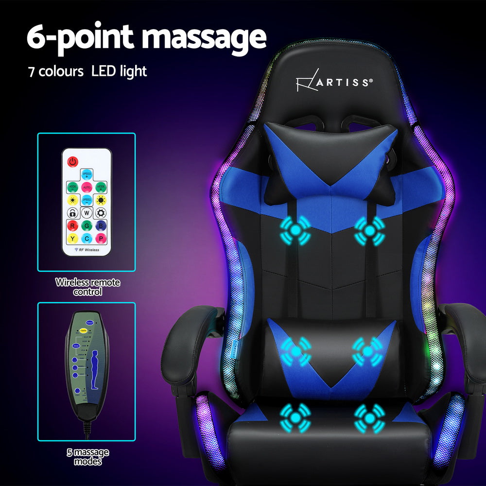 Artiss Gaming Office Chair 6-Point Massage LED Footrest Blue